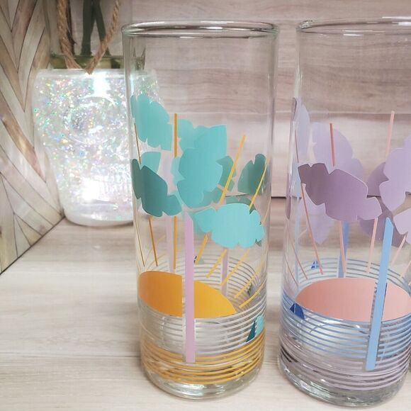 Vintage Tropical Highball Glasses Set of 4 Palm Trees - Picture 2 of 12
